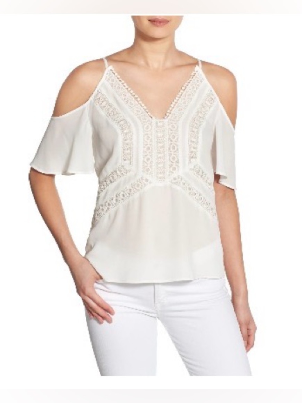 Chelsea28 Cold Shoulder Flutter Sleeve Crochet Top White Size Large